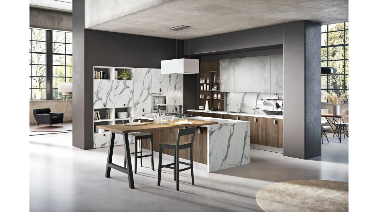 Cucina Moderna con isola Miami 42 in legno e melaminico effetto marmo di Spar